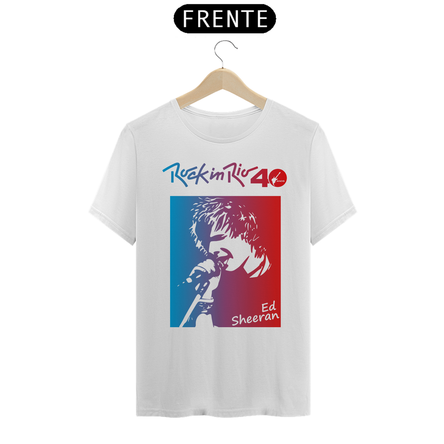 Camiseta Ed Sheeran Masculina Branca 2-Tons A/V Edição Especial de 40º Aniversário do Rock in Rio