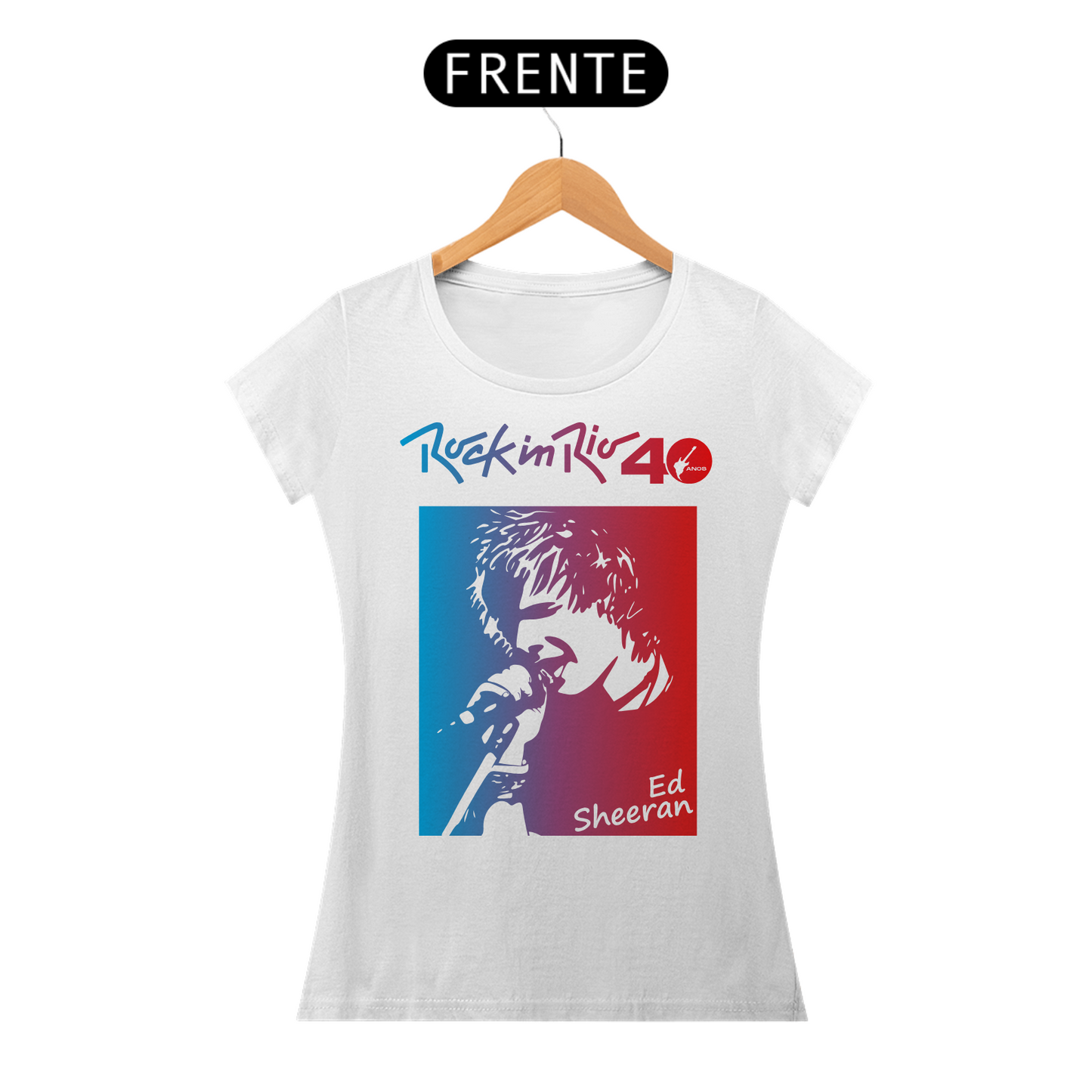 Camiseta Ed Sheeran Feminina Branca 2 Tons A/V Edição Especial de 40º Aniversário do Rock in Rio