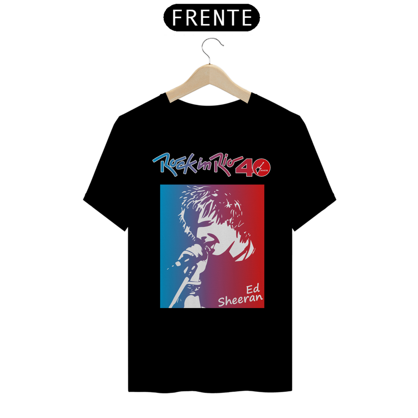 Camiseta Ed Sheeran Masculina Preta 2-Tons A/V Edição Especial de 40º Aniversário do Rock in Rio