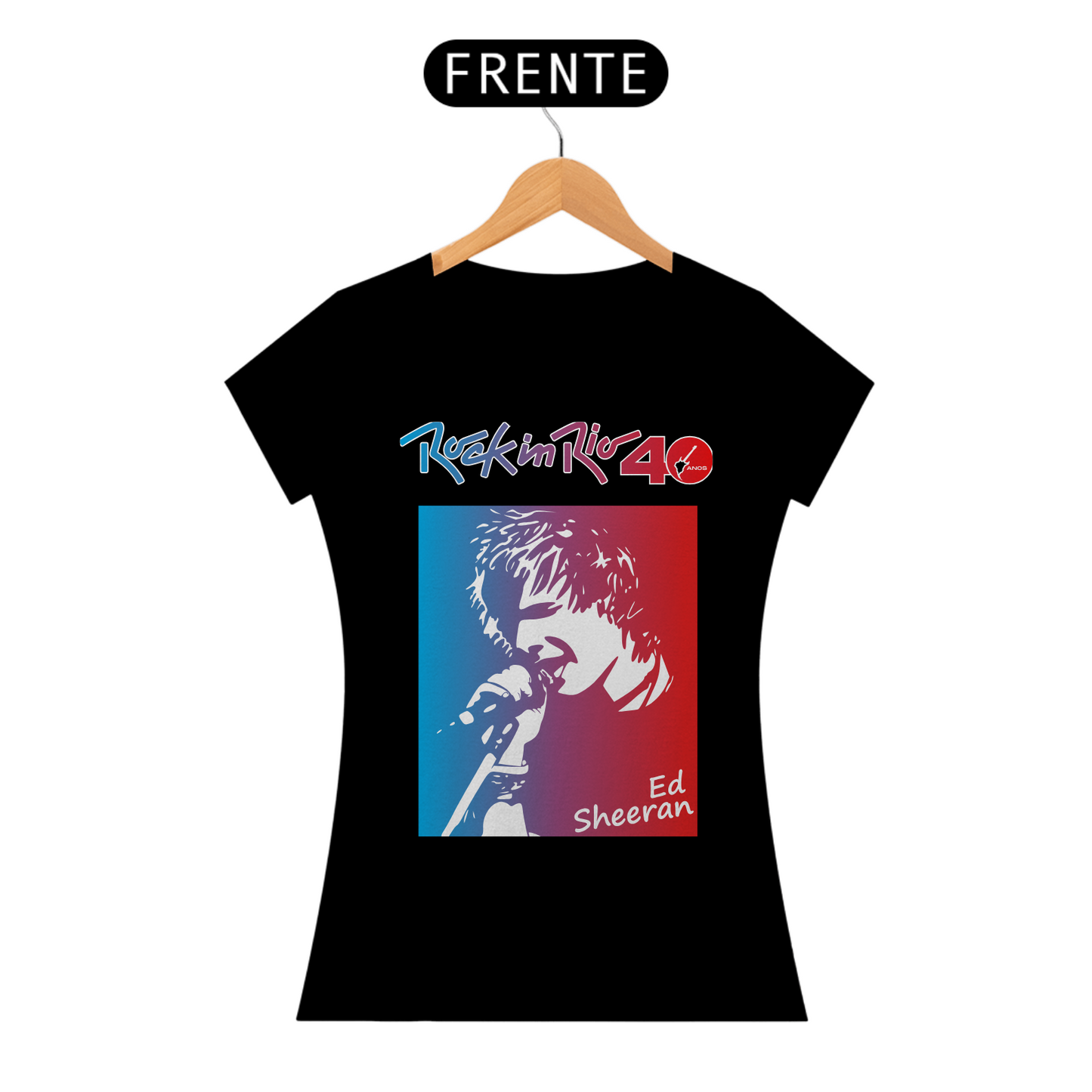 Camiseta Ed Sheeran Feminina Preta 2 Tons A/V Edição Especial de 40º Aniversário do Rock in Rio