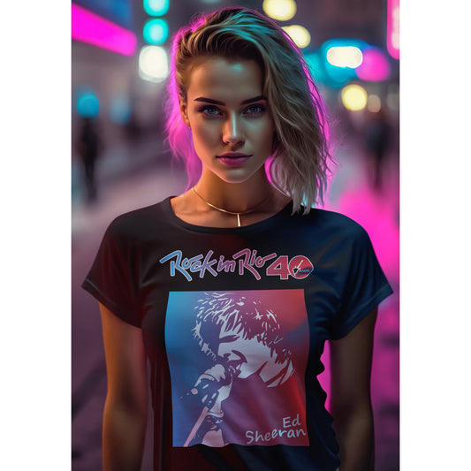 Camiseta Ed Sheeran Feminina Preta 2 Tons A/V Edição Especial de 40º Aniversário do Rock in Rio