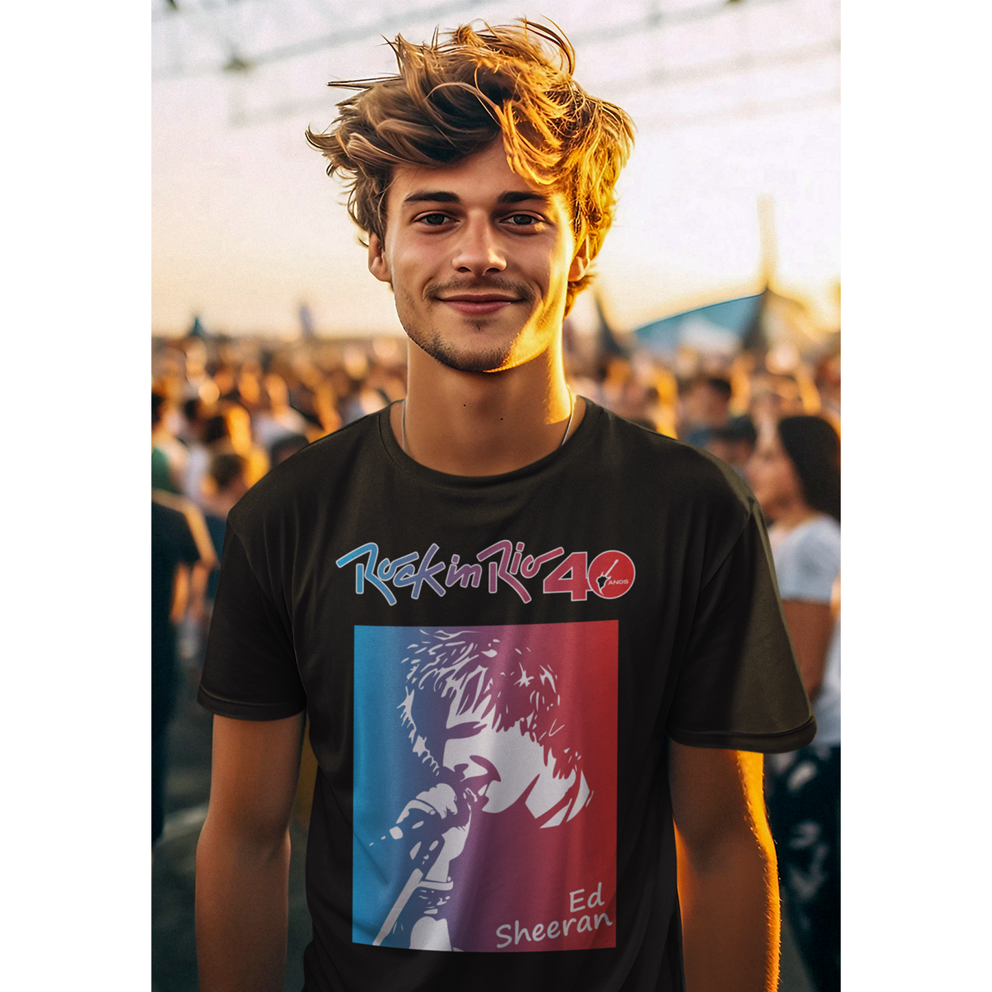 Camiseta Ed Sheeran Masculina Preta 2-Tons A/V Edição Especial de 40º Aniversário do Rock in Rio